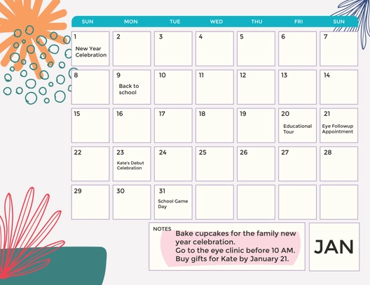 Floral January 2023 Calendar Template