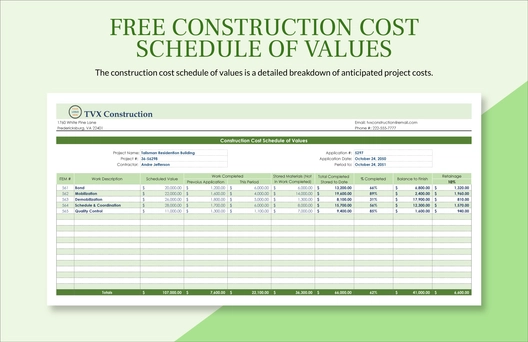 Construction Cost Schedule Of Values Construction Cost Schedule Of Values