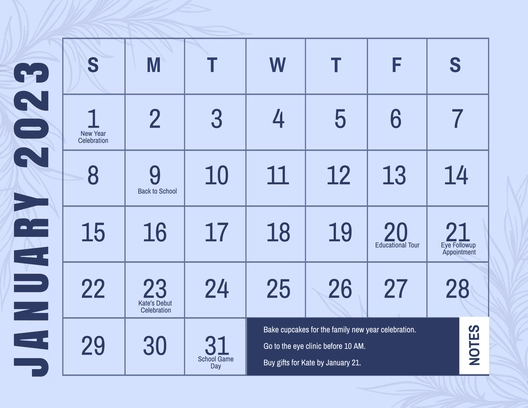 vJanuary 2023 Monthly Calendar Template
