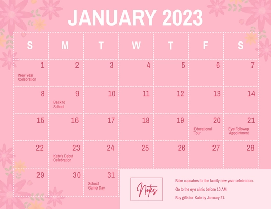 Pink January 2023 Calendar