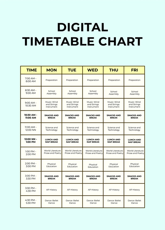 Digital Timetable Chart Template