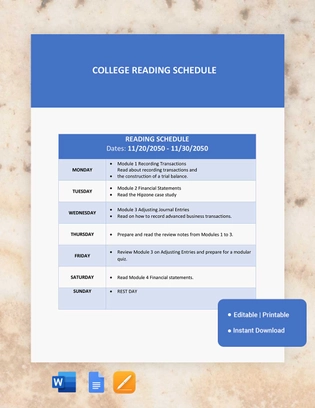 College Reading Schedule Template