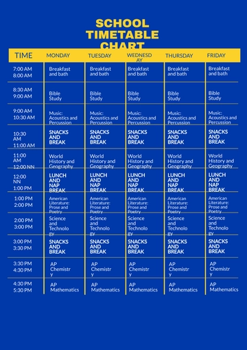 Free School Timetable Chart Template to Edit Online