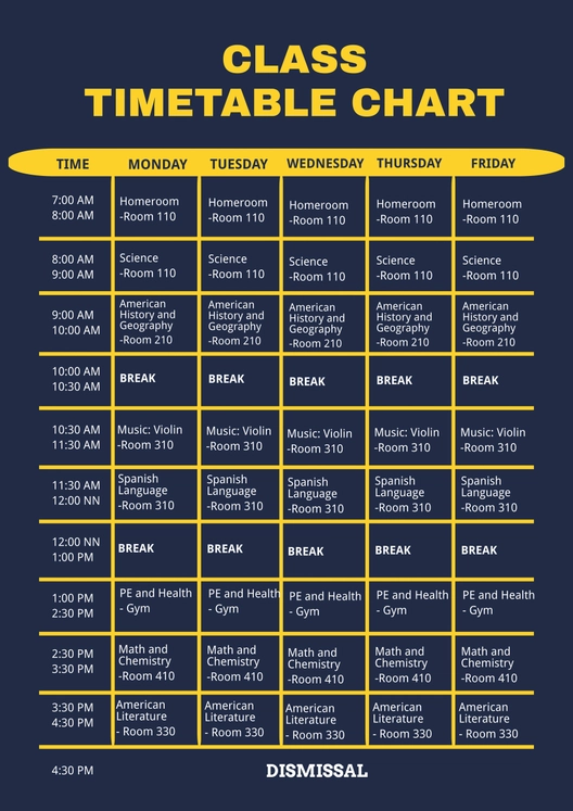 Class Timetable Chart Template