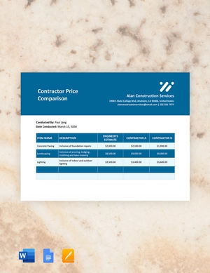 Contractor Price Comparison Template