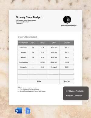 Grocery Store Budget Template