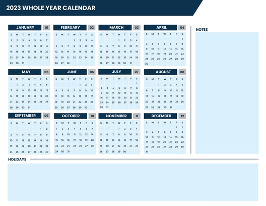 Printable Year 2023 Monthly Calendar Template