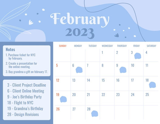 February 2023 Monthly Calendar Template
