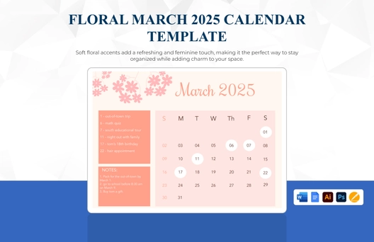 Floral March 2025 Calendar Template