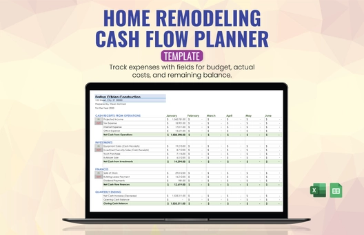 Home Remodeling Cash Flow Planner Template