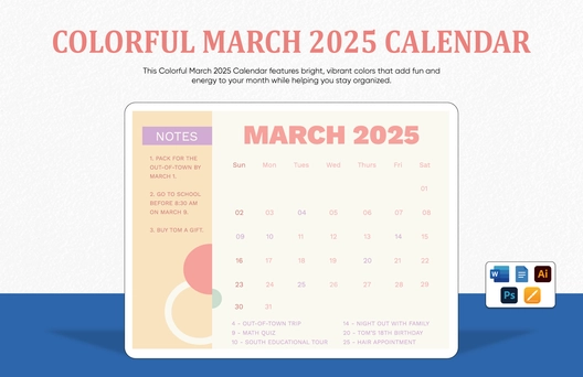 Colorful March 2025 Calendar