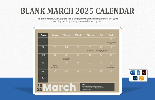 Blank March 2025 Calendar Template