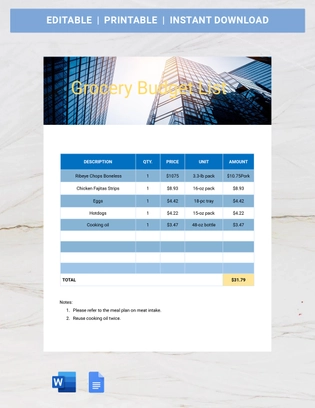 Grocery Budget List Template