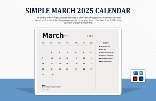 Simple March 2025 Calendar Template