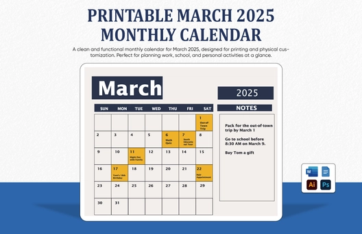 Printable March 2025 Monthly Calendar Template