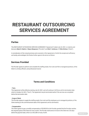 Restaurant Outsourcing Services Agreement Template