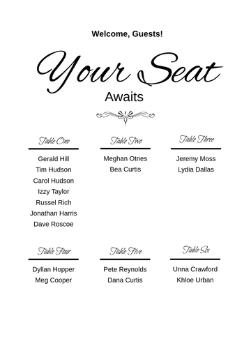 Free Classic Table Seating Chart Template to Edit Online