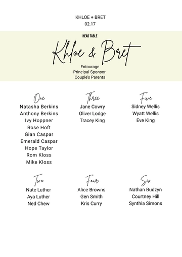 Free Bridal Table Seating Chart Template to Edit Online