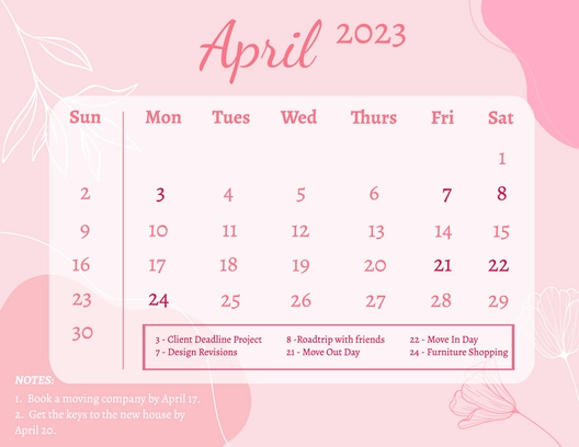 Pink April 2023 Calendar