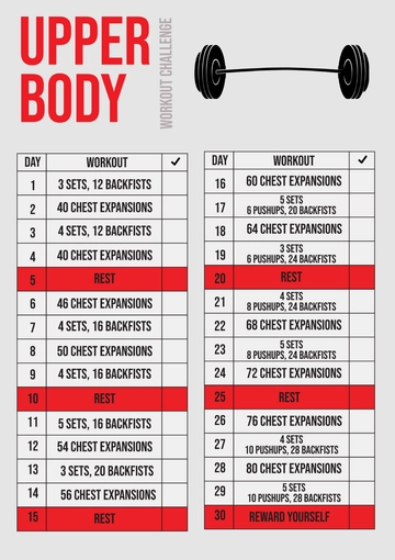 Free 30 Day Upper Body Workout Challenge Chart Template to Edit Online