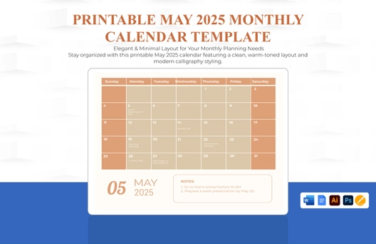 Printable May 2025 Monthly Calendar Template