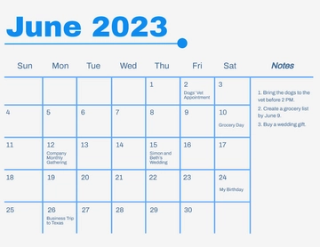 Free Blue June 2023 Calendar Template to Edit Online