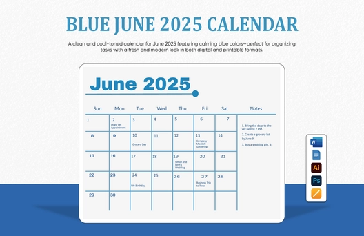 Blue June 2025 Calendar Template