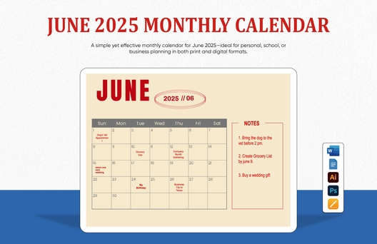 June 2025 Monthly Calendar Template
