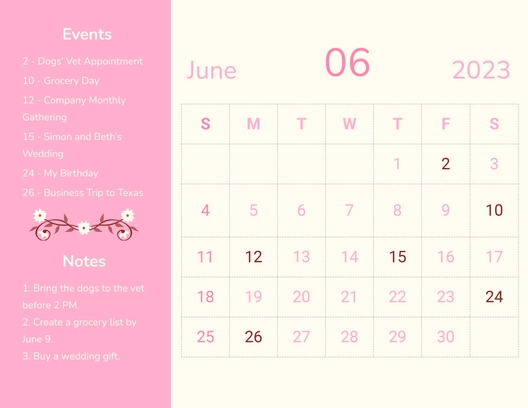Pink June 2023 Calendar