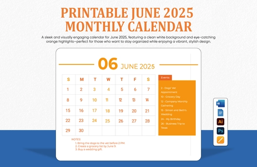 Printable June 2025 Monthly Calendar Template