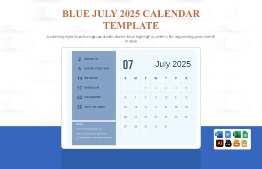 Blue July 2025 Calendar Template