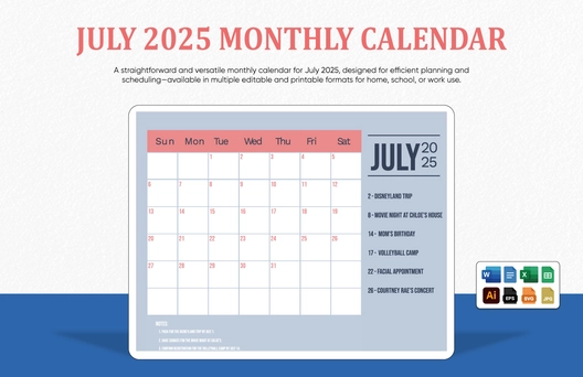 July 2025 Monthly Calendar Template
