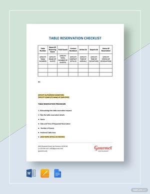 Table Reservation Checklist Template