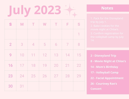 Pink July 2023 Calendar