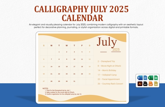 Calligraphy July 2025 Calendar