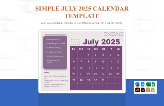 Simple July 2025 Calendar Template