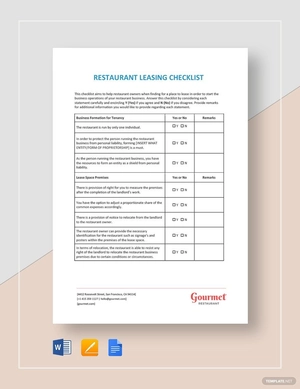 Restaurant Leasing Checklist Template