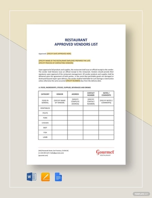 Restaurant Approved Vendors List Template