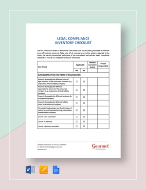 Restaurant Legal Compliance Inventory Checklist Template