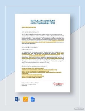 Restaurant - Background Check Information Form Template