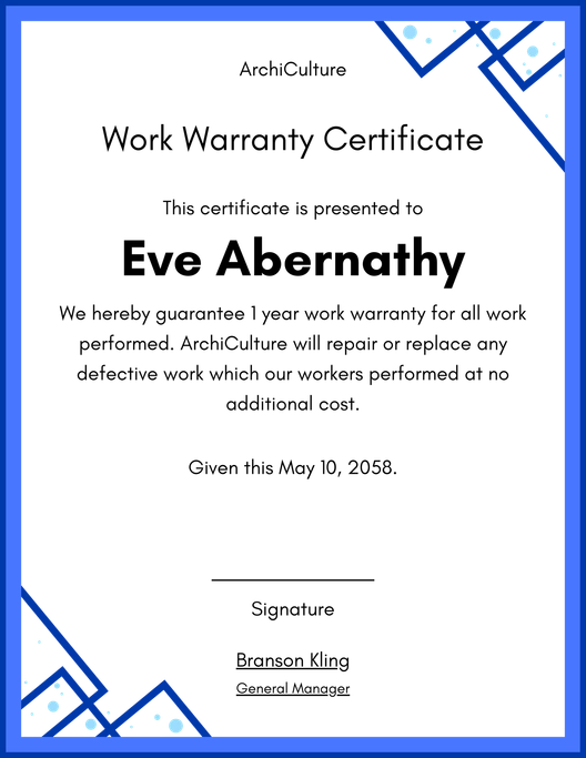 Construction Warranty Certificate
