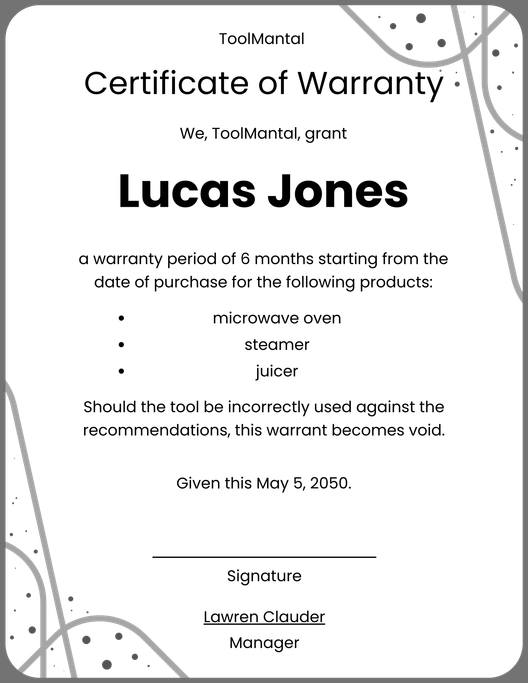 Equipment Warranty Certificate Equipment Warranty Certificate