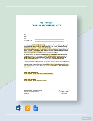 Restaurant General Promissory Note Template