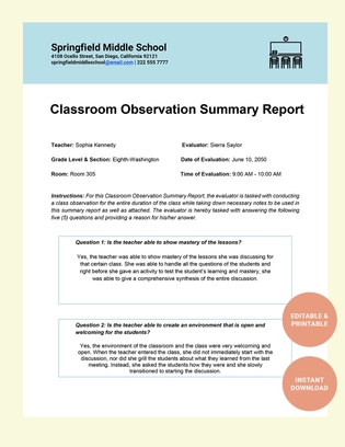 Classroom Observation Summary Report Template Classroom Observation Summary Report Template