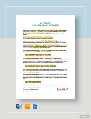Affidavit of Restaurant Template