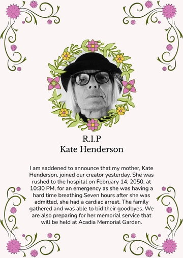 Free Flower Wreath Death Announcement Template to Edit Online