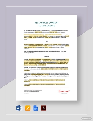 Restaurant Consent to Sub-License Template Restaurant Consent to Sub-License Template