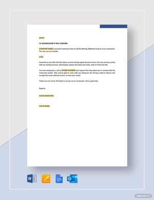 Letter Announcing New Restaurant Service