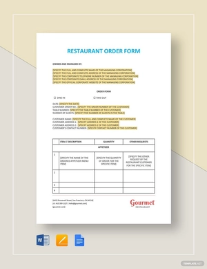 Restaurant Order Form Template