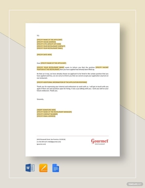 Restaurant Rejection of Application for Employment Template